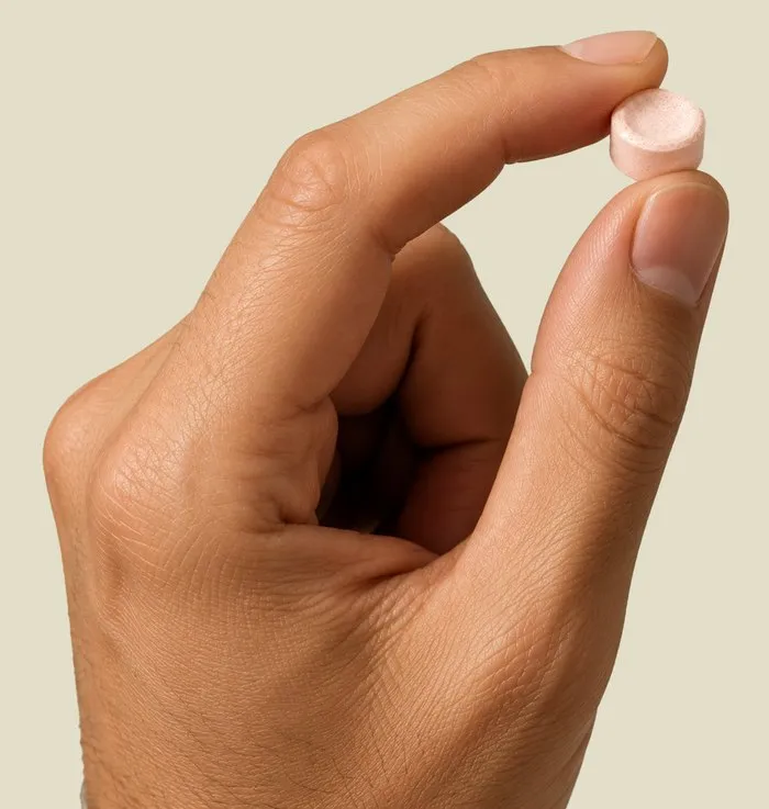 A hand holding the dissolvable tablet
